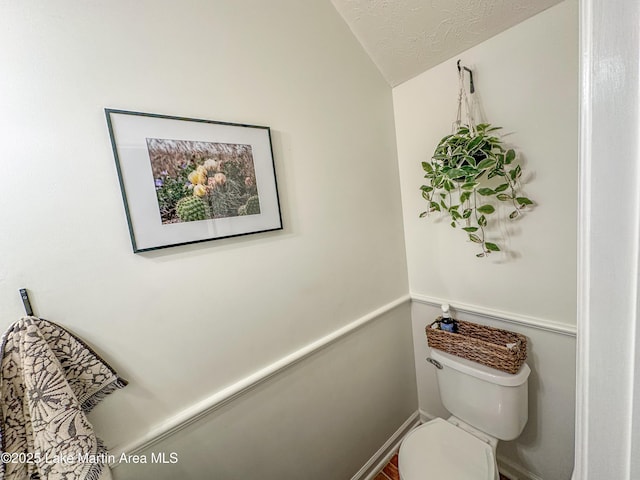 bathroom with toilet, a textured ceiling, and lofted ceiling