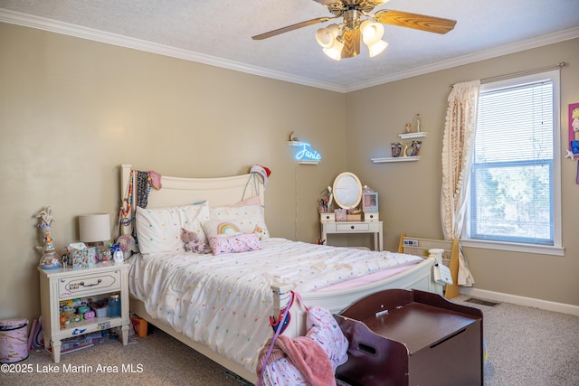 carpeted bedroom featuring ceiling fan, multiple windows, crown molding, and a textured ceiling