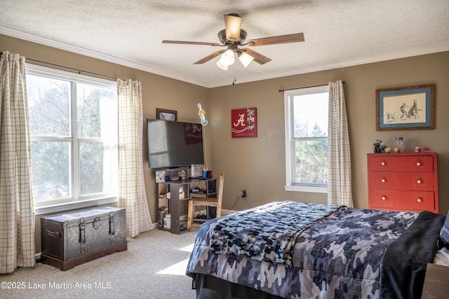 bedroom with ceiling fan, multiple windows, and a textured ceiling