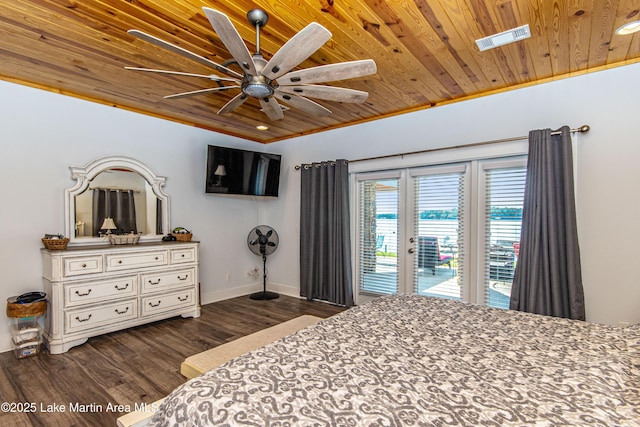 bedroom with crown molding, ceiling fan, access to exterior, dark hardwood / wood-style floors, and wooden ceiling