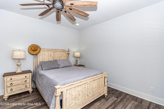 bedroom featuring ceiling fan, baseboards, dark wood finished floors, and recessed lighting