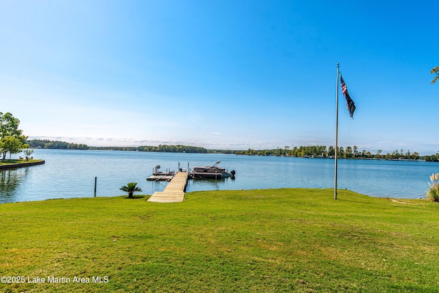 dock area with a water view and a yard