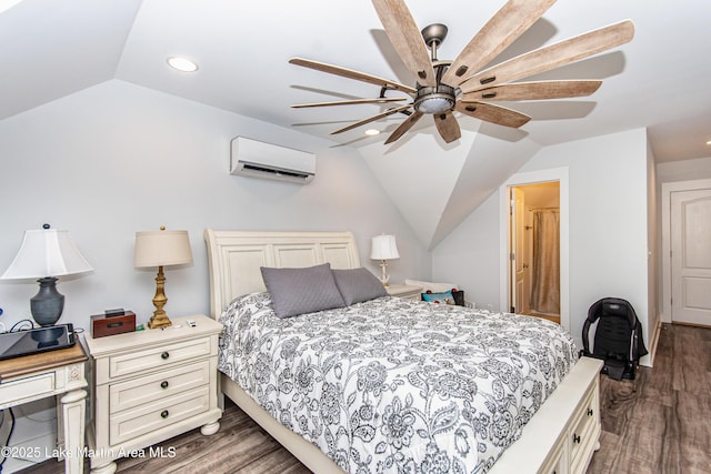 bedroom featuring a wall mounted air conditioner, vaulted ceiling, dark hardwood / wood-style floors, and ceiling fan