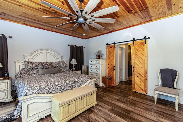 bedroom featuring dark wood-style flooring, crown molding, a barn door, wood ceiling, and ceiling fan