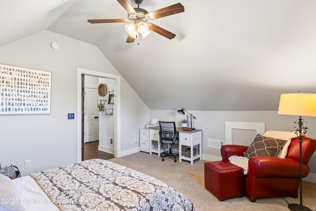 carpeted bedroom featuring lofted ceiling and ceiling fan