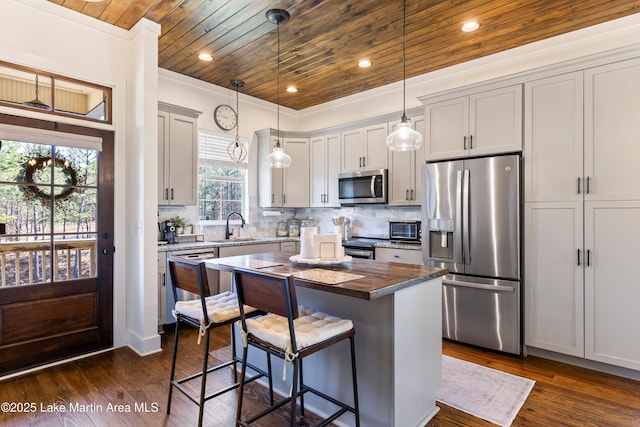 kitchen featuring appliances with stainless steel finishes, pendant lighting, backsplash, wooden ceiling, and a kitchen island