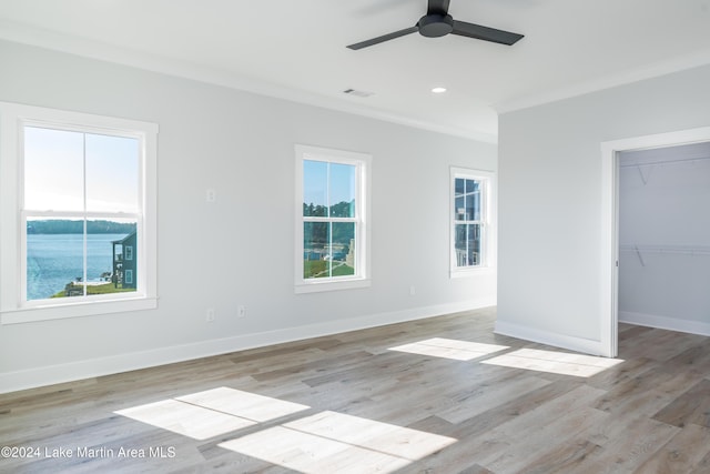 unfurnished bedroom featuring multiple windows, a spacious closet, ceiling fan, and light wood-type flooring