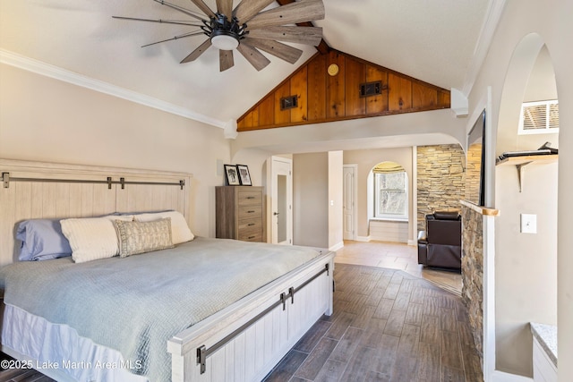 1449 Seals St, Auburn, AL 36879 - bedroom featuring high vaulted ceiling, ornamental molding, dark wood-style flooring, and visible vents