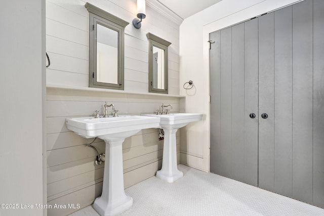 bathroom featuring wood walls