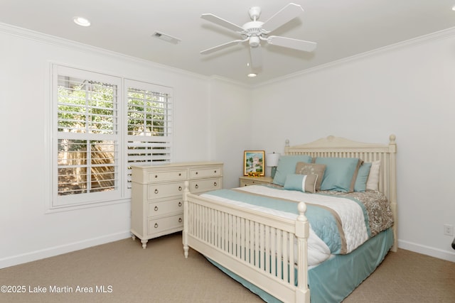 180 Glynmere Dr, Alexander City, AL 35010 - bedroom featuring visible vents, crown molding, baseboards, recessed lighting, and light carpet