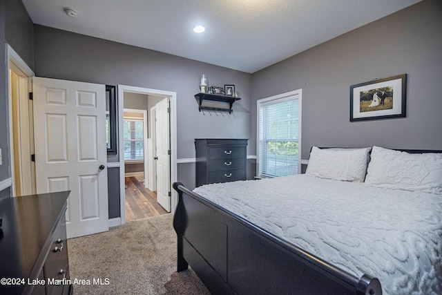 bedroom featuring light carpet