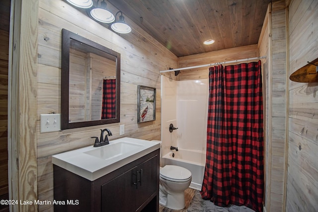 full bathroom with wood ceiling, vanity, shower / tub combo with curtain, wooden walls, and toilet