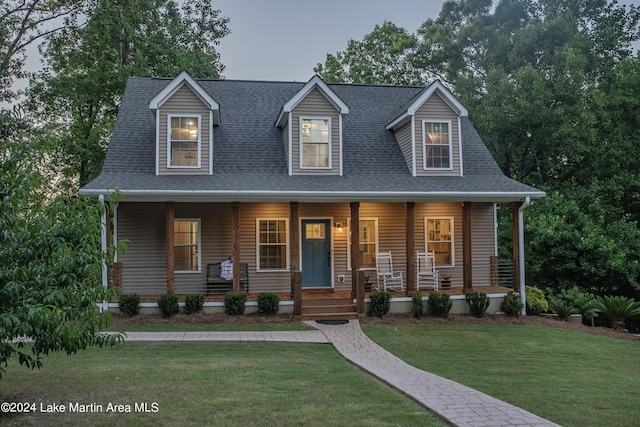 cape cod-style house featuring a front yard and a porch