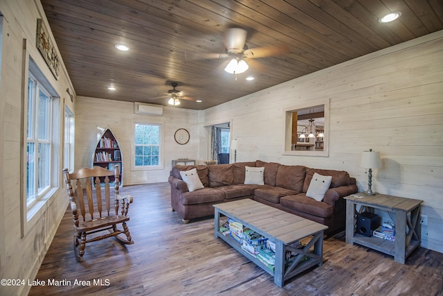 living room featuring a wall unit AC, ceiling fan, wood ceiling, and wood-type flooring