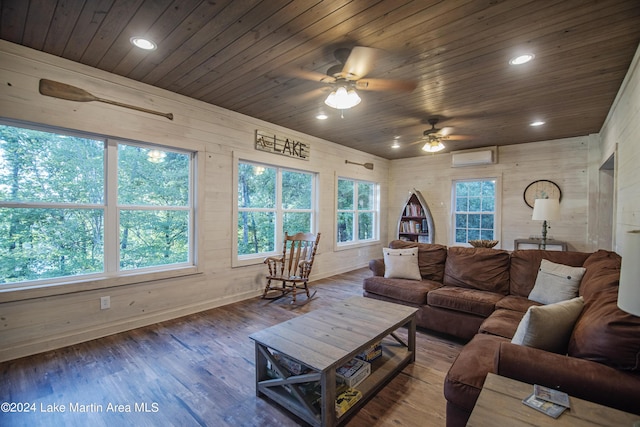 living room featuring wooden walls, ceiling fan, wooden ceiling, and hardwood / wood-style flooring