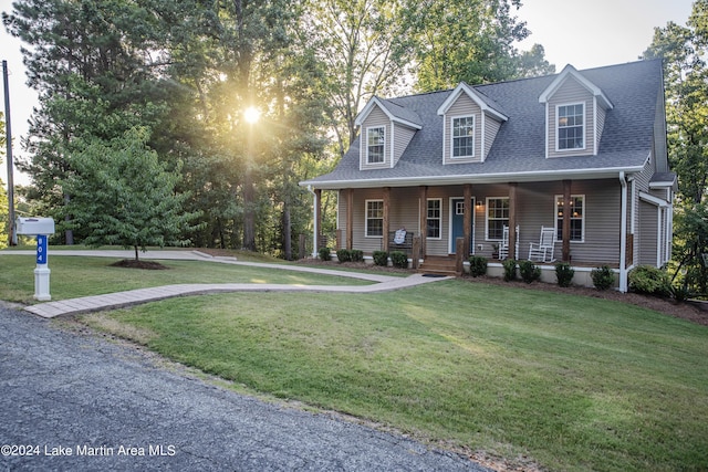 cape cod-style house featuring covered porch and a front yard