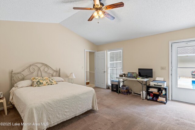 970 Raintree Dr, Alexander City, AL 35010 - bedroom with lofted ceiling, carpet floors, a textured ceiling, and ceiling fan