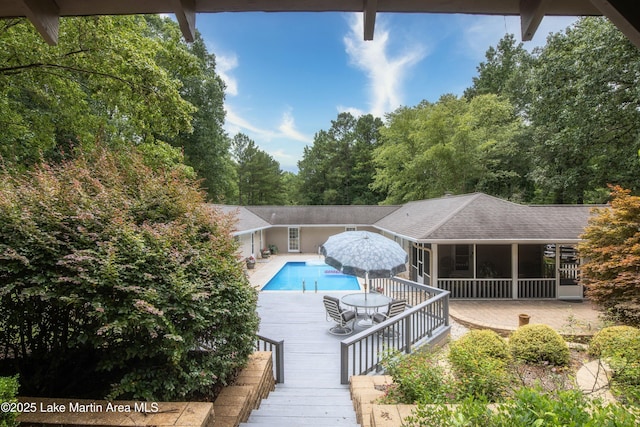970 Raintree Dr, Alexander City, AL 35010 - swimming pool featuring a sunroom, stairs, and a patio