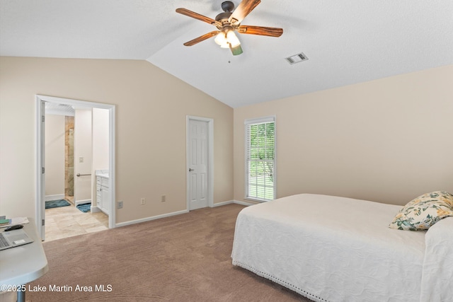 970 Raintree Dr, Alexander City, AL 35010 - bedroom featuring light carpet, vaulted ceiling, and ceiling fan