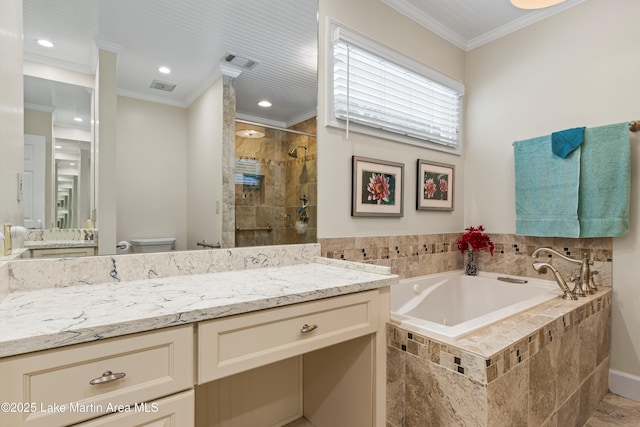 970 Raintree Dr, Alexander City, AL 35010 - full bathroom featuring a bath, vanity, a shower stall, ornamental molding, and recessed lighting