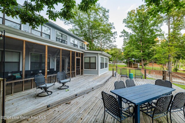 wooden deck with a sunroom