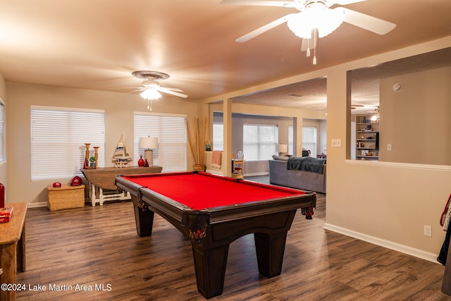 game room with ceiling fan, dark hardwood / wood-style flooring, and billiards