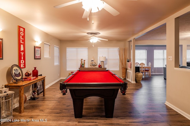 rec room with ceiling fan, dark wood-type flooring, and pool table