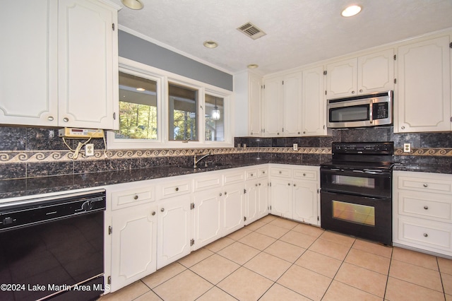 kitchen with white cabinetry, black appliances, and ornamental molding