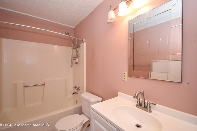 full bathroom with vanity, shower / bath combination, a textured ceiling, and toilet