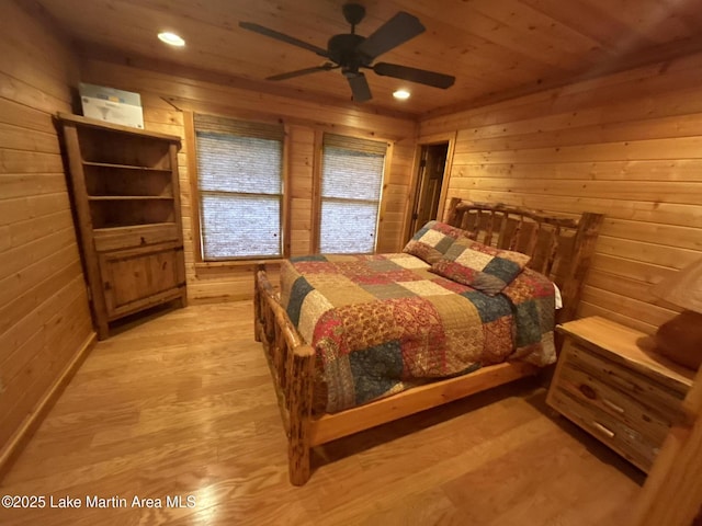 151 Pemberton Rd, Tallassee, AL 36078 - bedroom featuring wooden walls, light wood-style flooring, recessed lighting, and wood ceiling