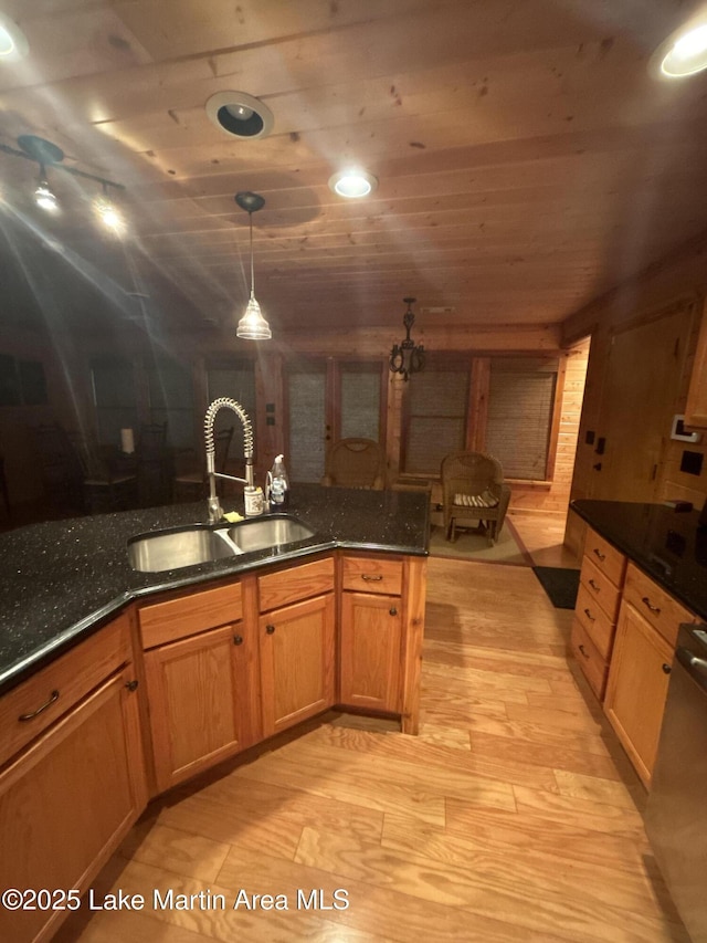 151 Pemberton Rd, Tallassee, AL 36078 - kitchen featuring a sink, decorative light fixtures, dishwasher, dark stone countertops, and wooden ceiling