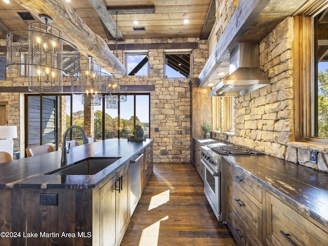 kitchen with a kitchen island with sink, sink, wall chimney exhaust hood, appliances with stainless steel finishes, and a notable chandelier