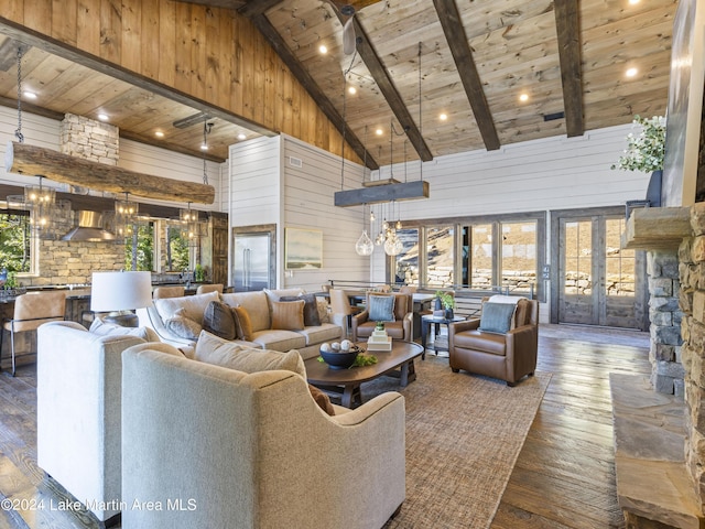 living room featuring beam ceiling, wooden ceiling, high vaulted ceiling, dark hardwood / wood-style floors, and wood walls