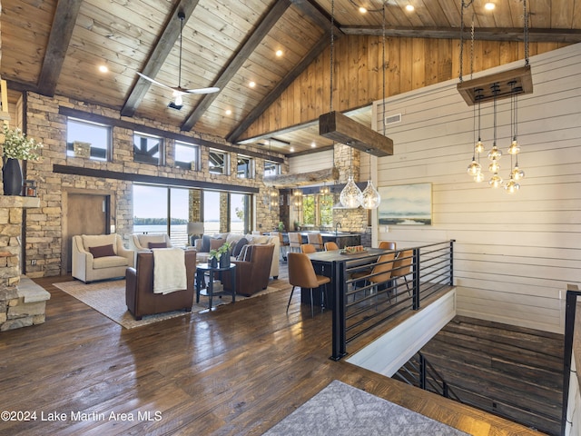 interior space with wood walls, wooden ceiling, high vaulted ceiling, dark hardwood / wood-style floors, and beamed ceiling