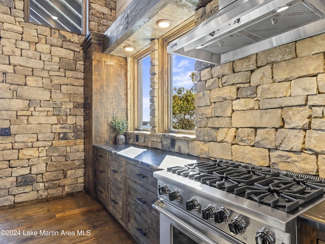 kitchen with high end stainless steel range, dark wood-type flooring, and exhaust hood