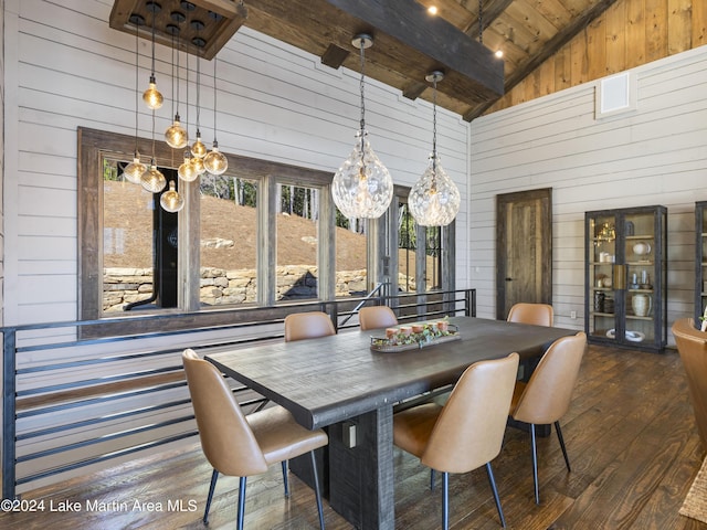 dining space with dark hardwood / wood-style floors, high vaulted ceiling, wooden walls, and wood ceiling