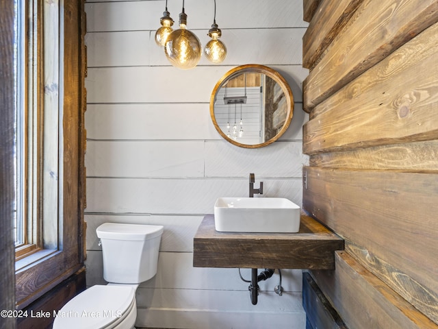 bathroom with wood walls, toilet, and sink