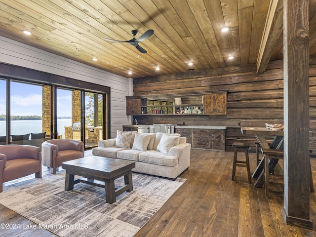 living room with dark wood-type flooring, a water view, ceiling fan, bar, and wood ceiling