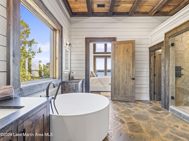 bathroom featuring plenty of natural light, wooden ceiling, and wooden walls