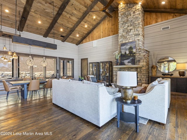 living room with wood walls, wooden ceiling, high vaulted ceiling, beam ceiling, and dark hardwood / wood-style flooring