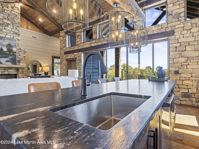 kitchen featuring high vaulted ceiling, sink, wooden walls, wood-type flooring, and wood ceiling