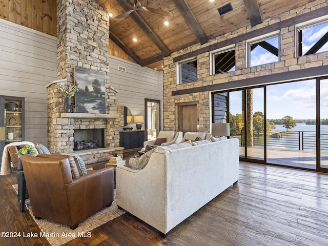 living room featuring a water view, high vaulted ceiling, wood ceiling, and dark hardwood / wood-style floors