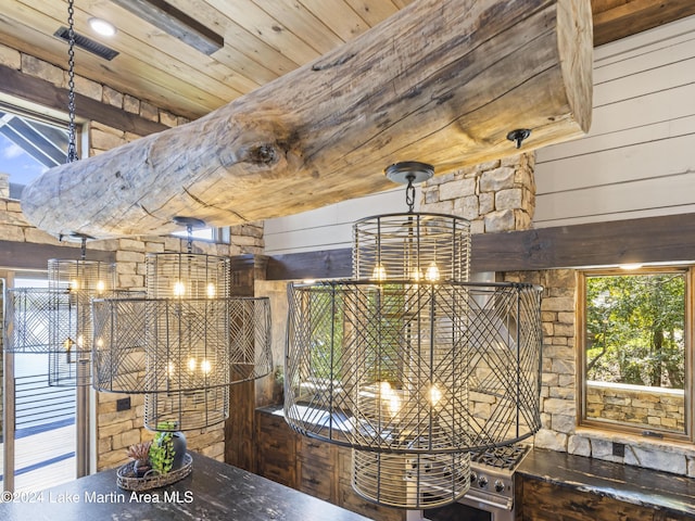 interior space with wood ceiling and wooden walls