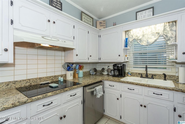 kitchen with white cabinets, black electric cooktop, dishwasher, and sink