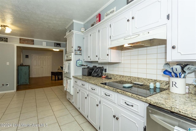 kitchen featuring dishwasher, backsplash, white cabinets, black electric cooktop, and ornamental molding