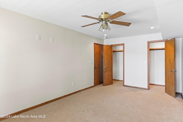 unfurnished bedroom featuring a ceiling fan, recessed lighting, baseboards, and light carpet