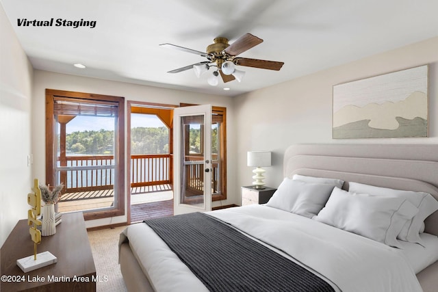 carpeted bedroom with recessed lighting, baseboards, access to exterior, and a ceiling fan