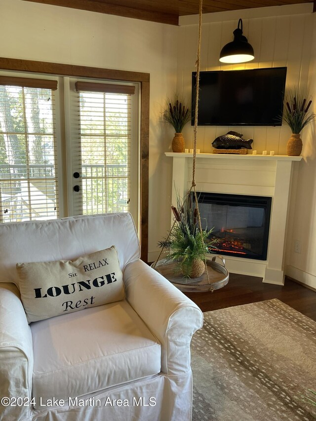 living room with dark hardwood / wood-style flooring