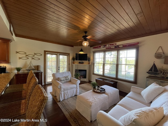 living room featuring ceiling fan, french doors, wood ceiling, and dark hardwood / wood-style floors