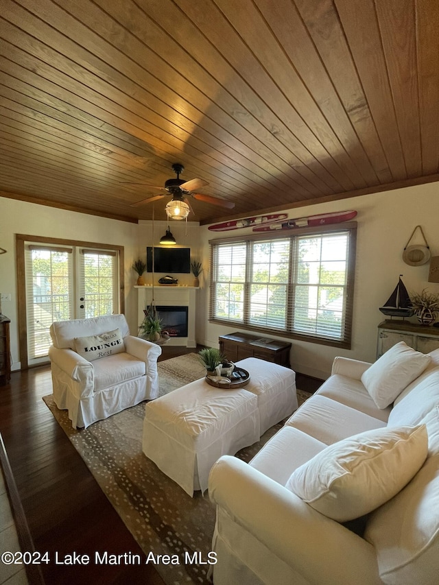 living room with ceiling fan, dark hardwood / wood-style floors, a wealth of natural light, and wood ceiling